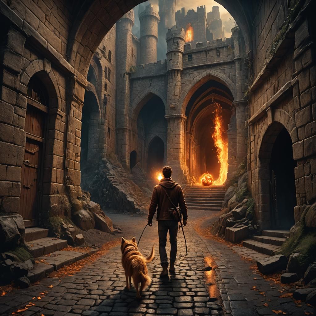 Man and Dog at Castle Tunnel Entrance