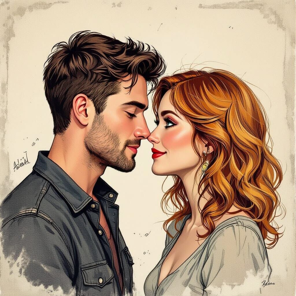 Man and Woman About to Kiss, Charcoal Drawing