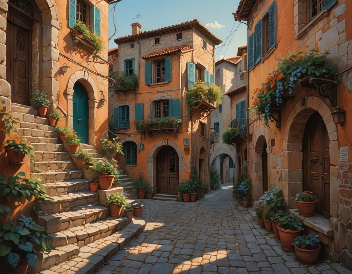 Sun-Drenched Village Street with Art Nouveau Flair