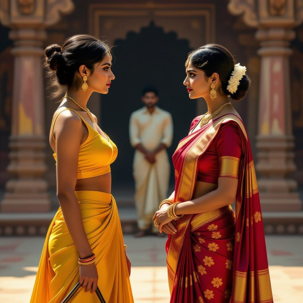 Indian Women in Sari and Miniskirt, Dramatic Lighting