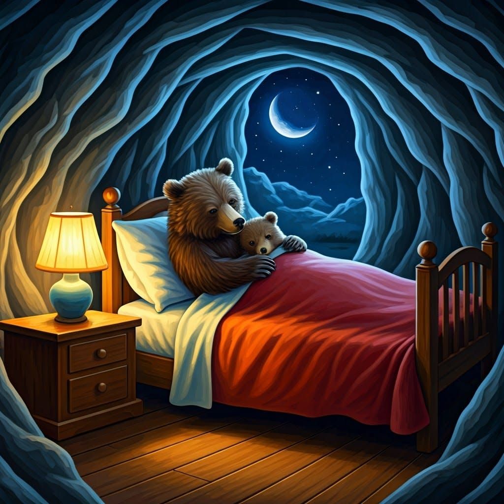 Bear and Cub Bedtime, Oil Painting Style