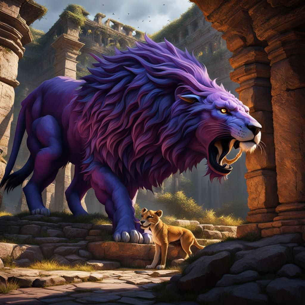 Goose Attacks Lion in Ruins: Dark Fantasy Art