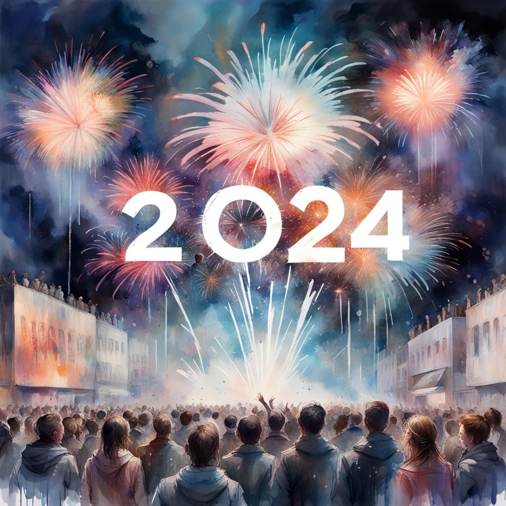 Fireworks over "2024" New Year Celebration Watercolour