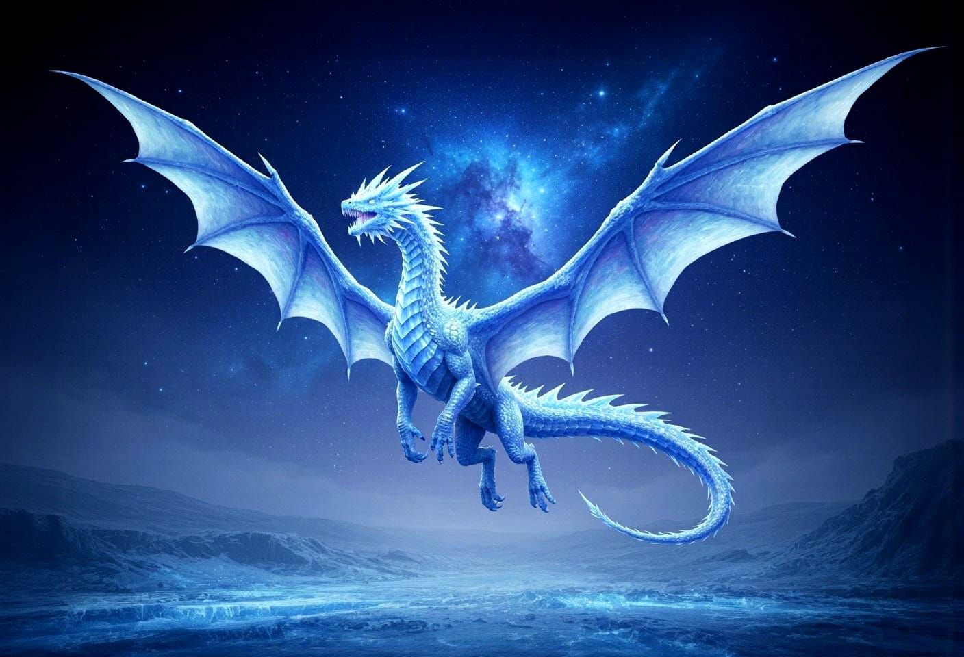 Ice Dragon Soaring Through Nebula Sky