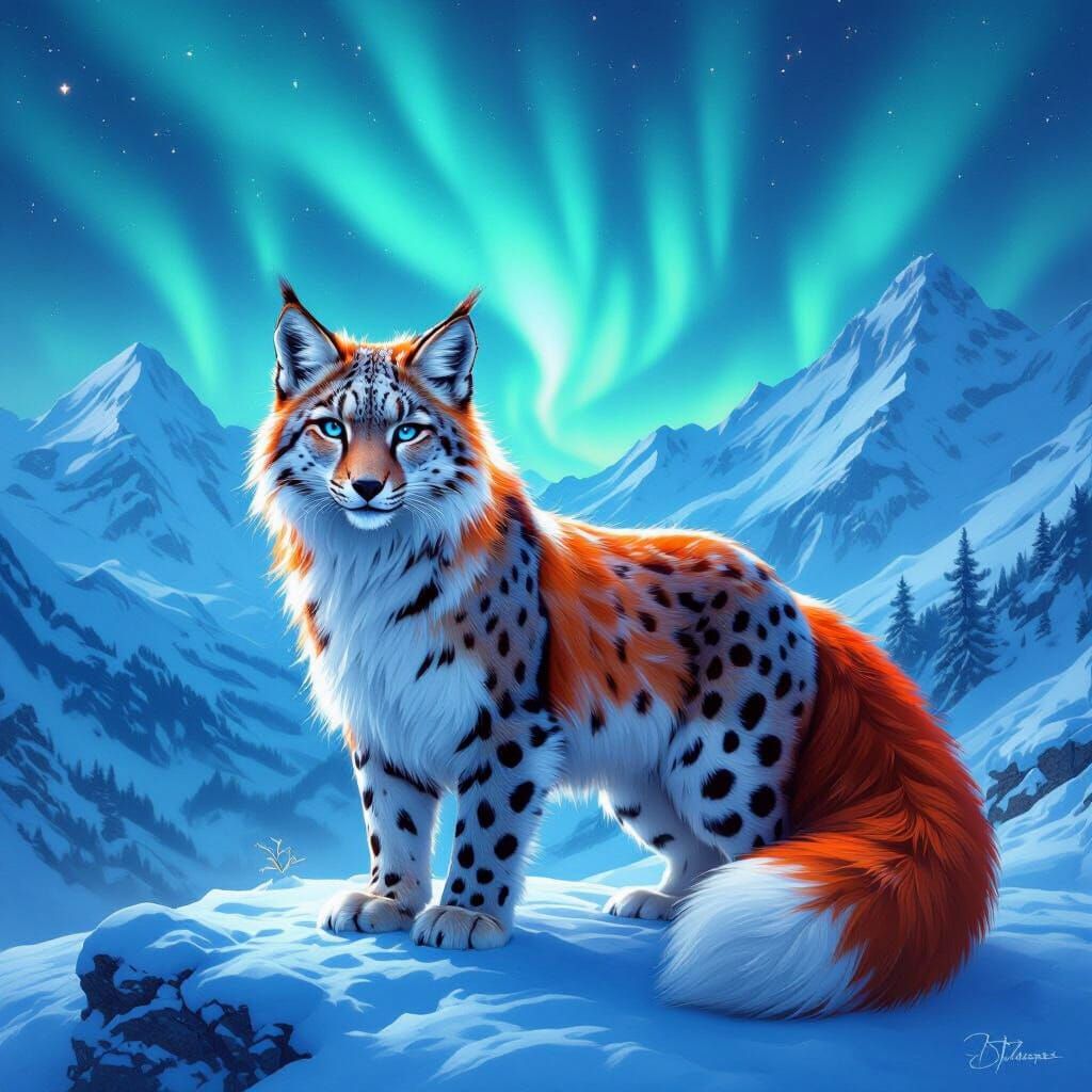 Fantasy Hybrid Snow Leopard Fox in Aurora Mountains