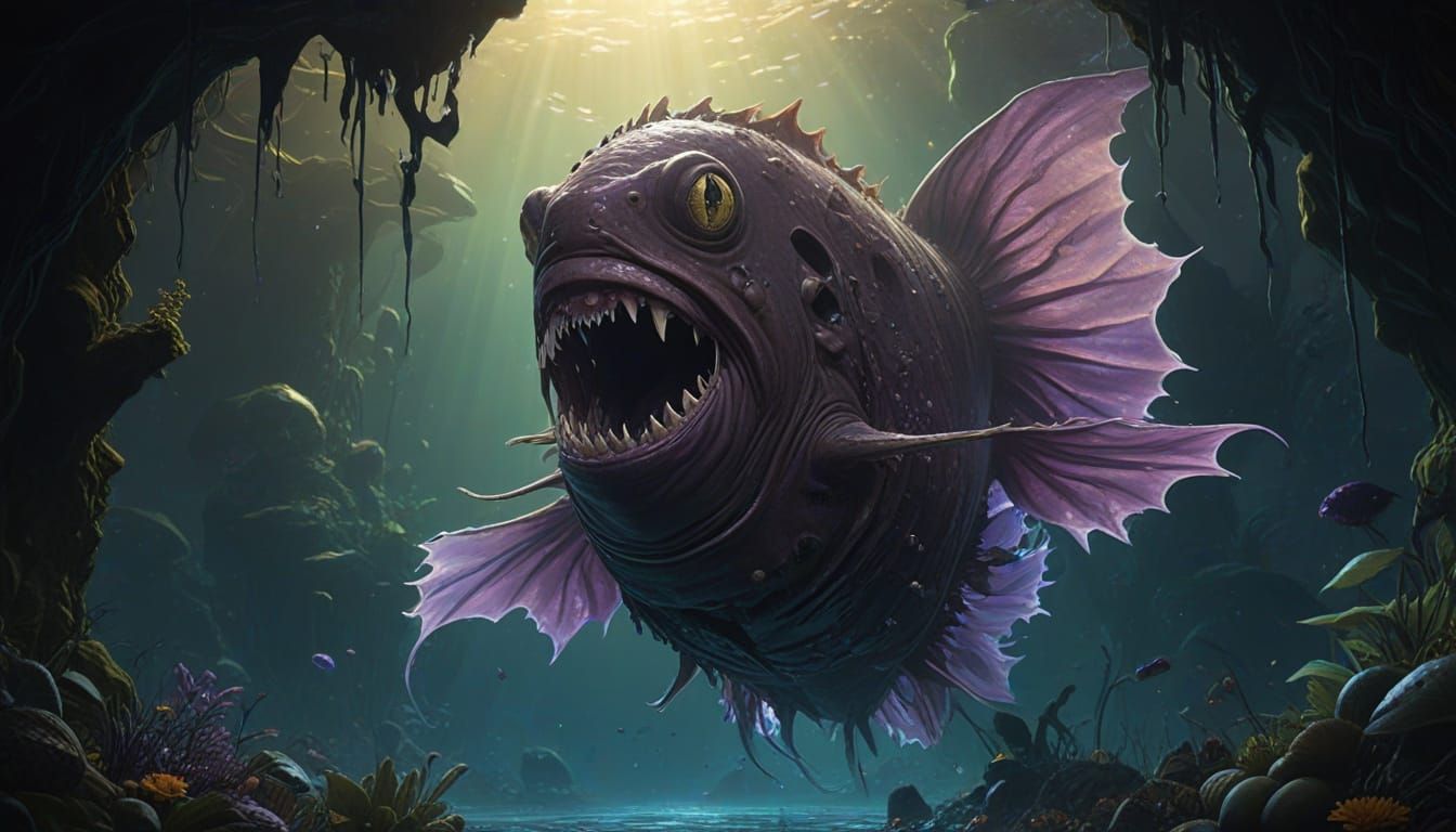 Bioluminescent Anglerfish in Abyssal Depths: Digital Matte P...