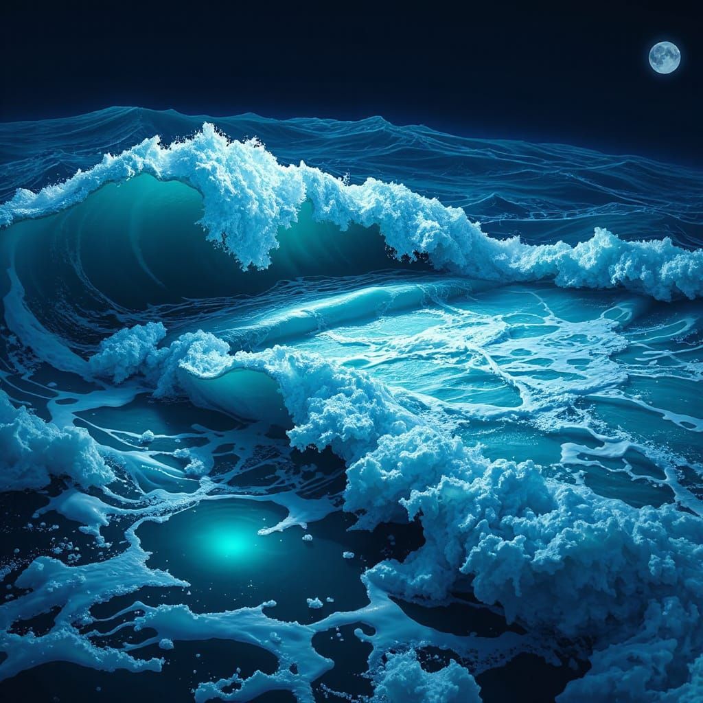 Surreal Ocean Wave Bed with Bioluminescent Glow