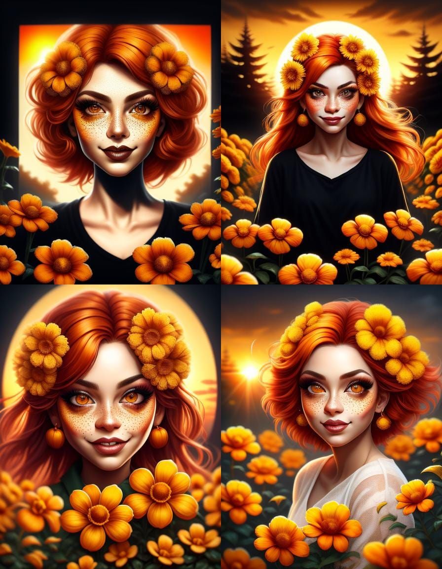 Fiery Orange Portrait in Marigold Garden at Sunset