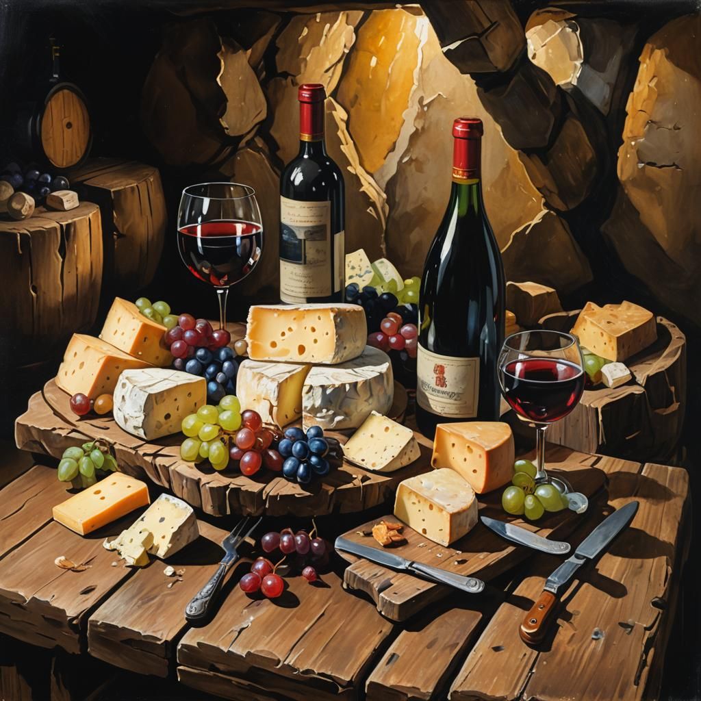 Still Life Gouache Painting of Cheese and Wine