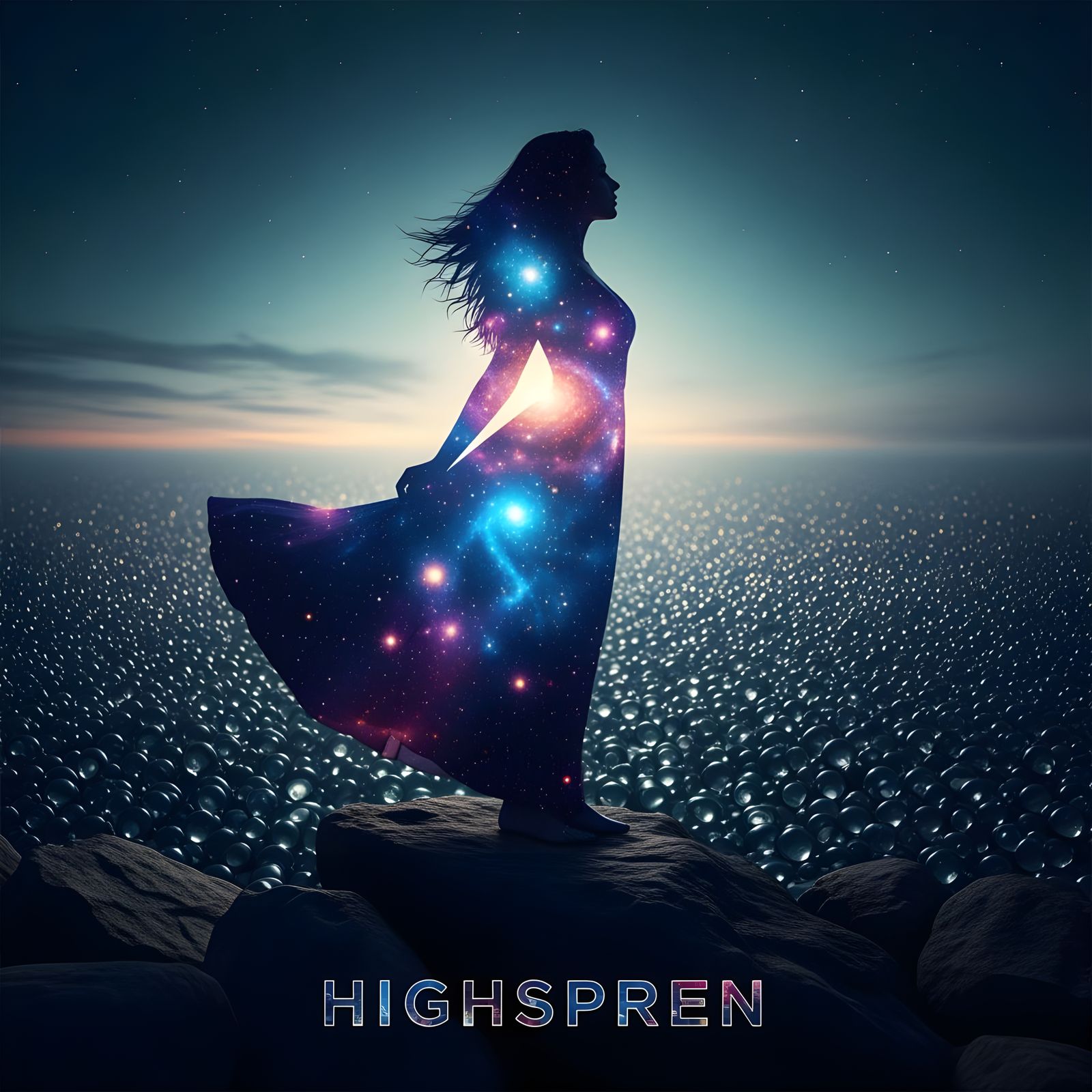 Cosmic Woman Silhouette in Surreal Fantasy Landscape