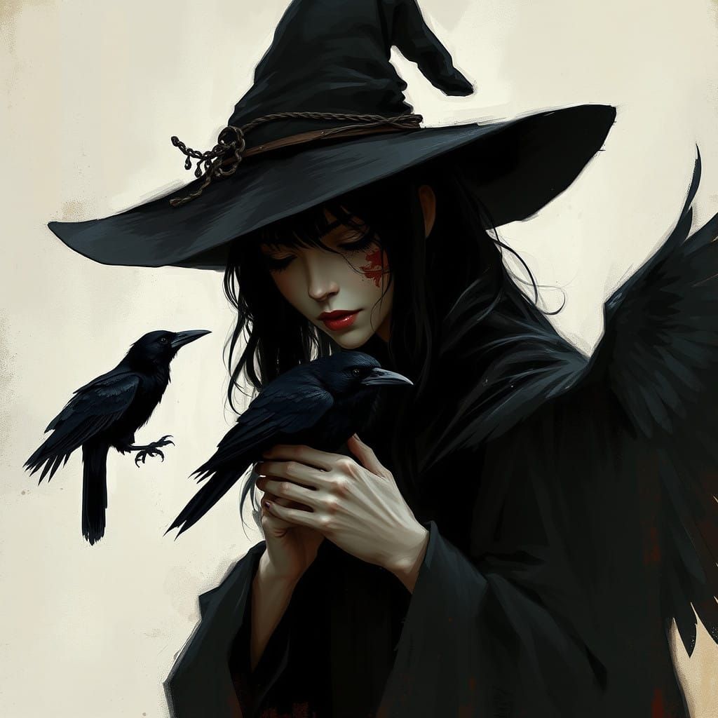 Mysterious Black Haired Witch with Raven by Candlelight