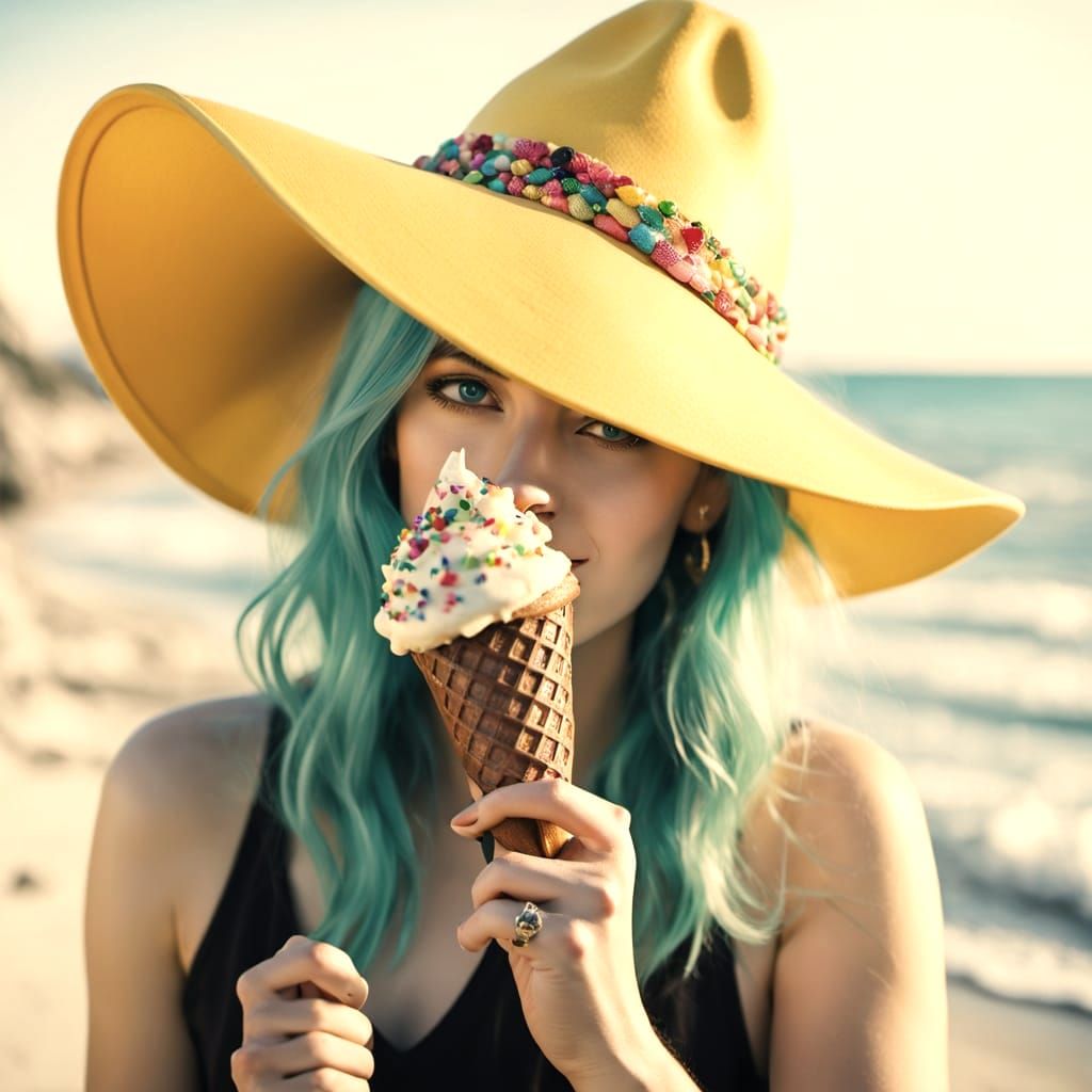 Rocker Girl with Ice Cream on Beach