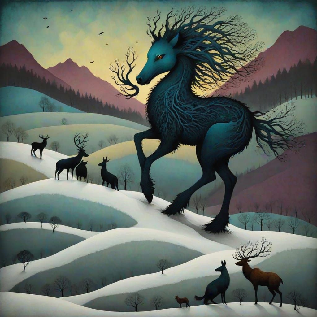 Wild Animals in Vibrant Silhouette Against Rolling Hills