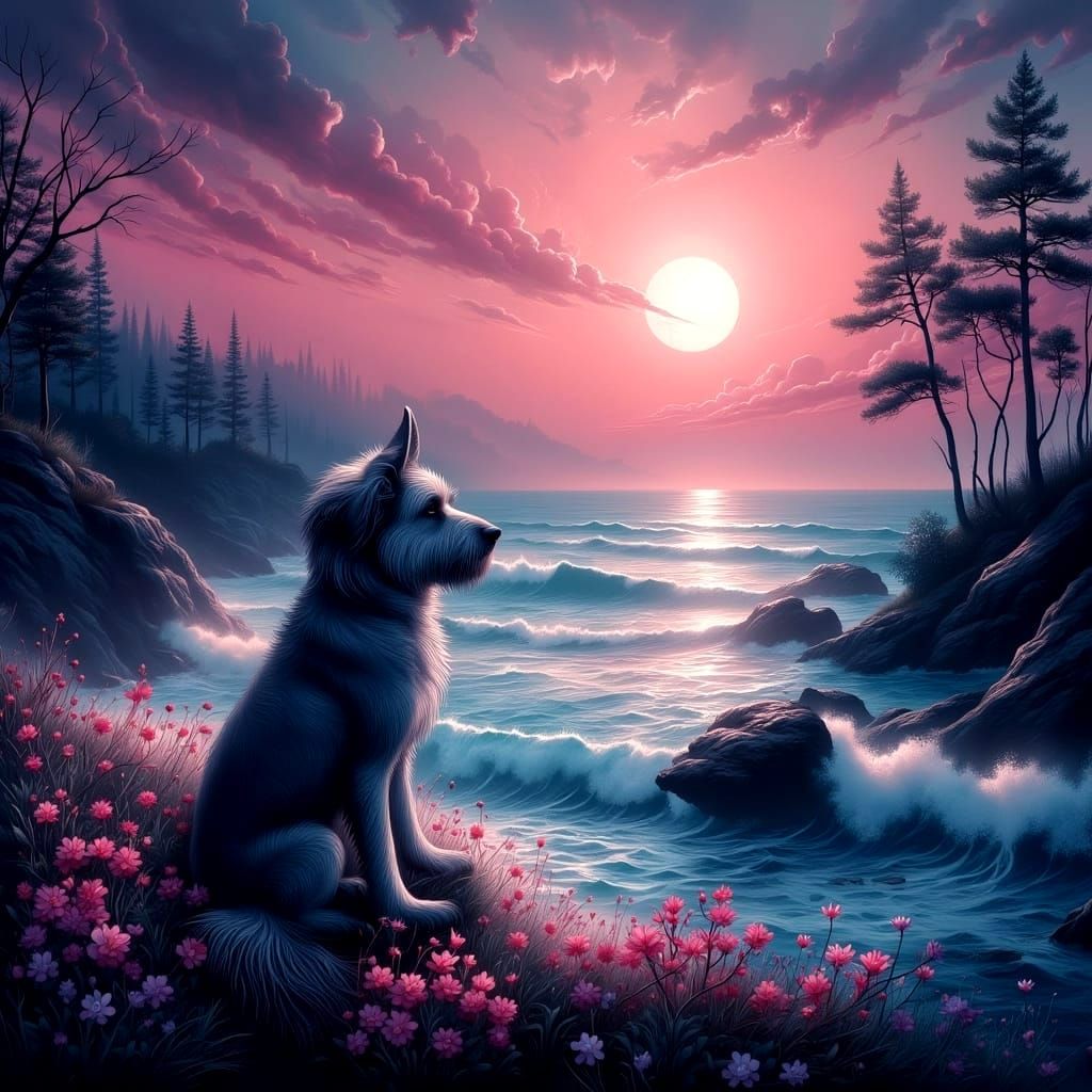 Moonlit Silhouette: Boy and Dog on Coastal Cliffs