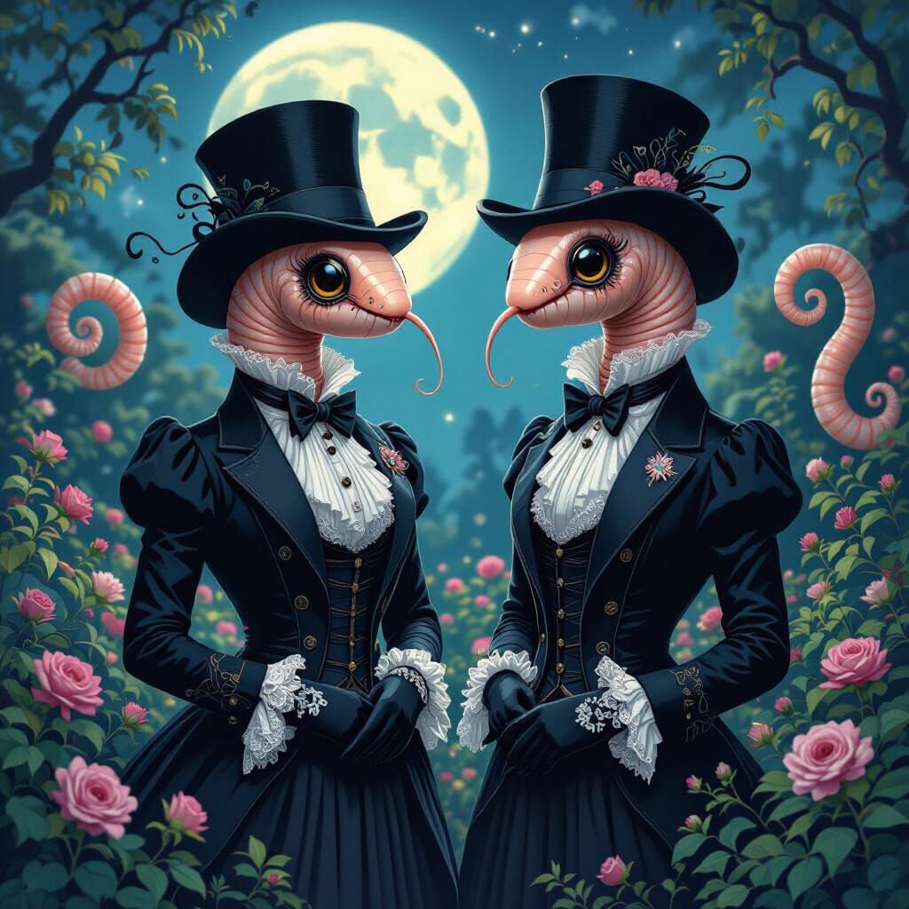 Elegant Victorian Worms in Moonlit Garden, Digital Art
