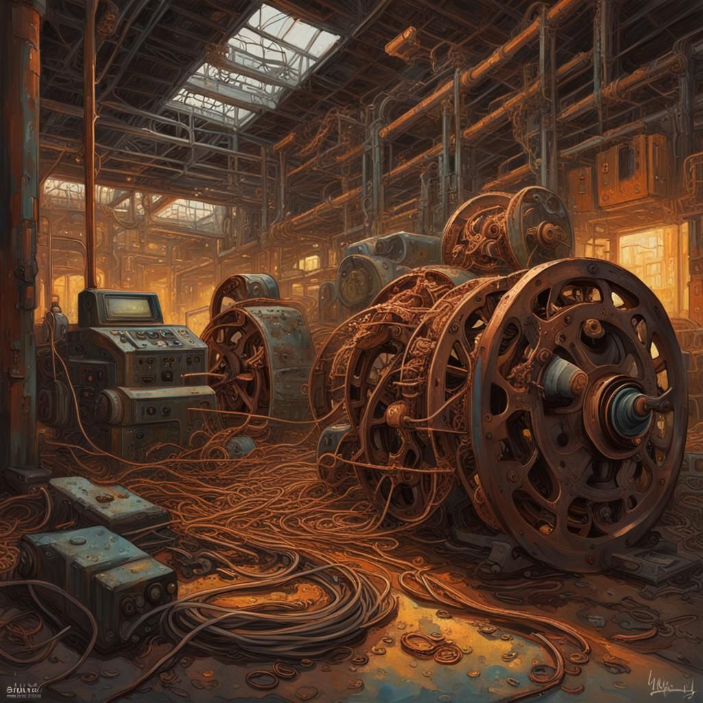Decayed Machinery in Impressionist Oil Painting