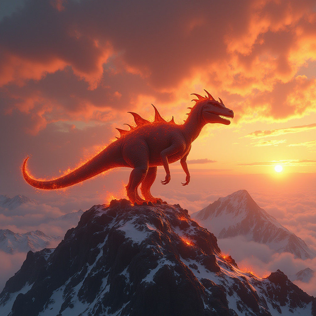 Lava Dinosaur on Mountain at Sunset in 8K