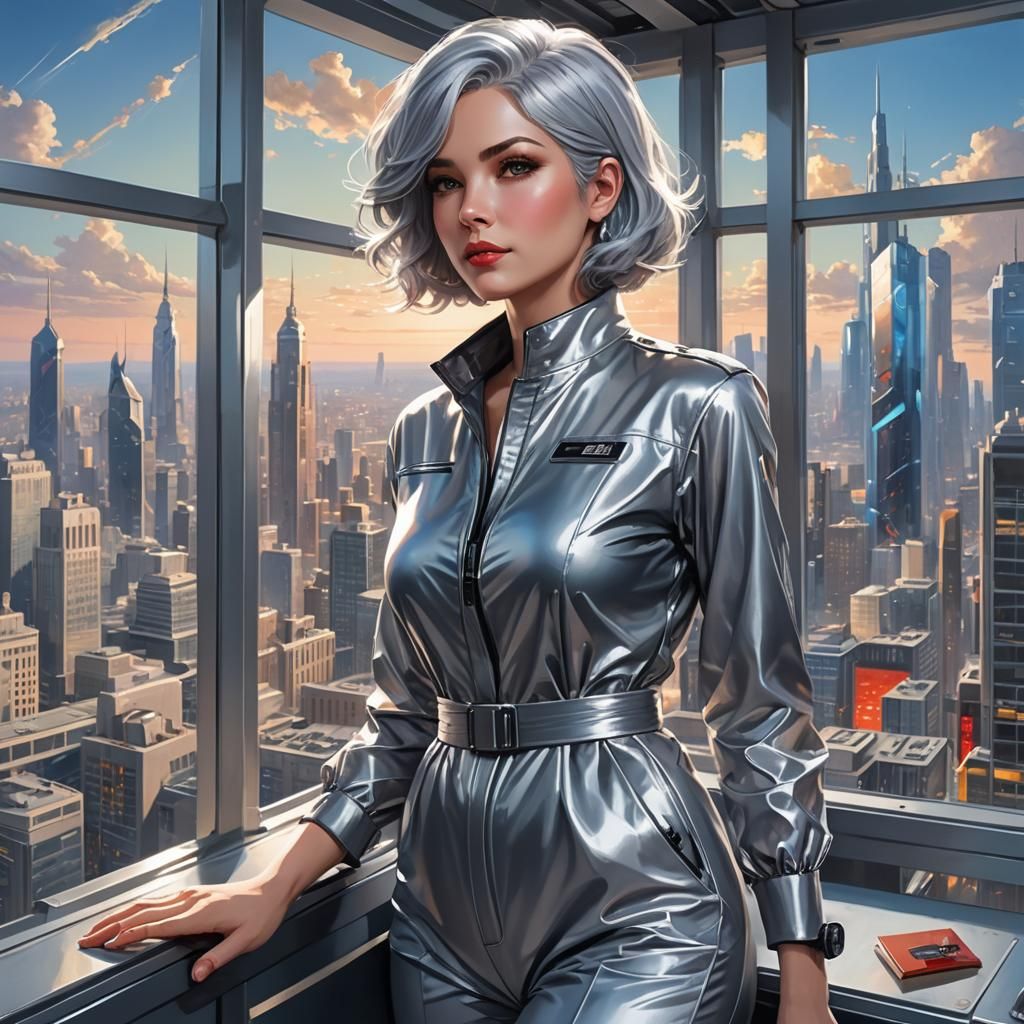 Confident Woman in Futuristic City, Comic Book Art