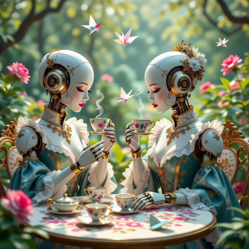 Rococo Robots Sipping Tea in Fractal Garden