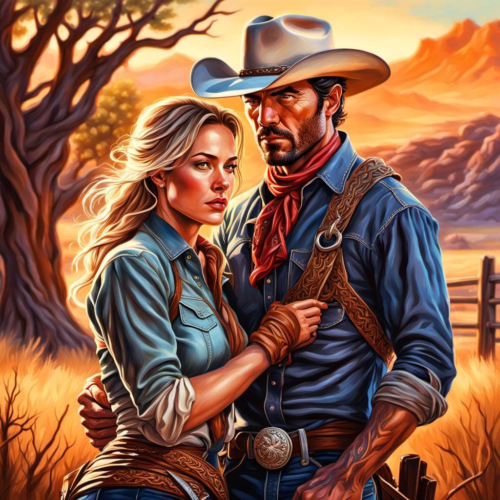 Cowboy and Cowgirl Lasso Embrace: Hyperrealistic Ranch Art