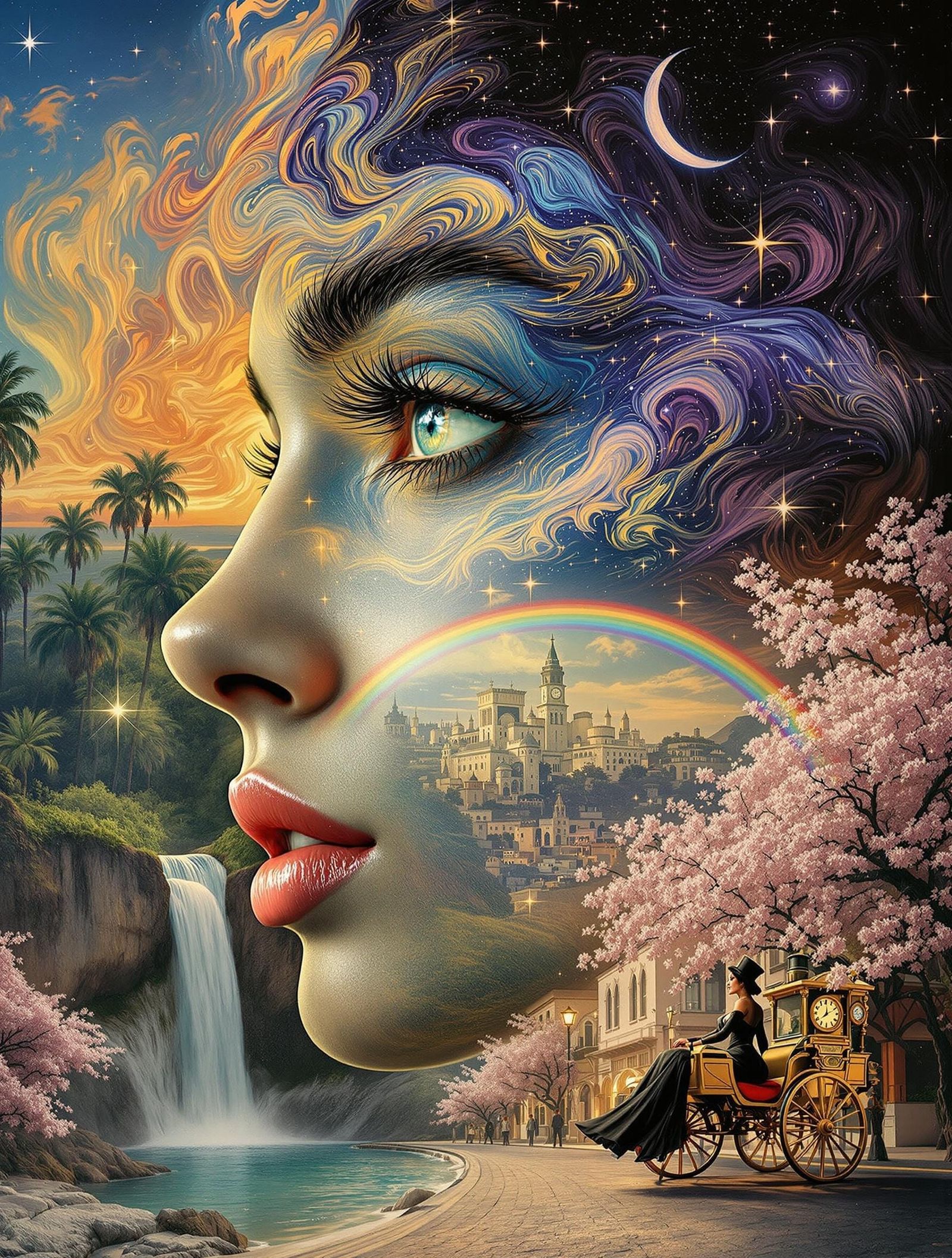 Surreal Portrait Collage with Beach, Cosmos, and Tropical Sc...