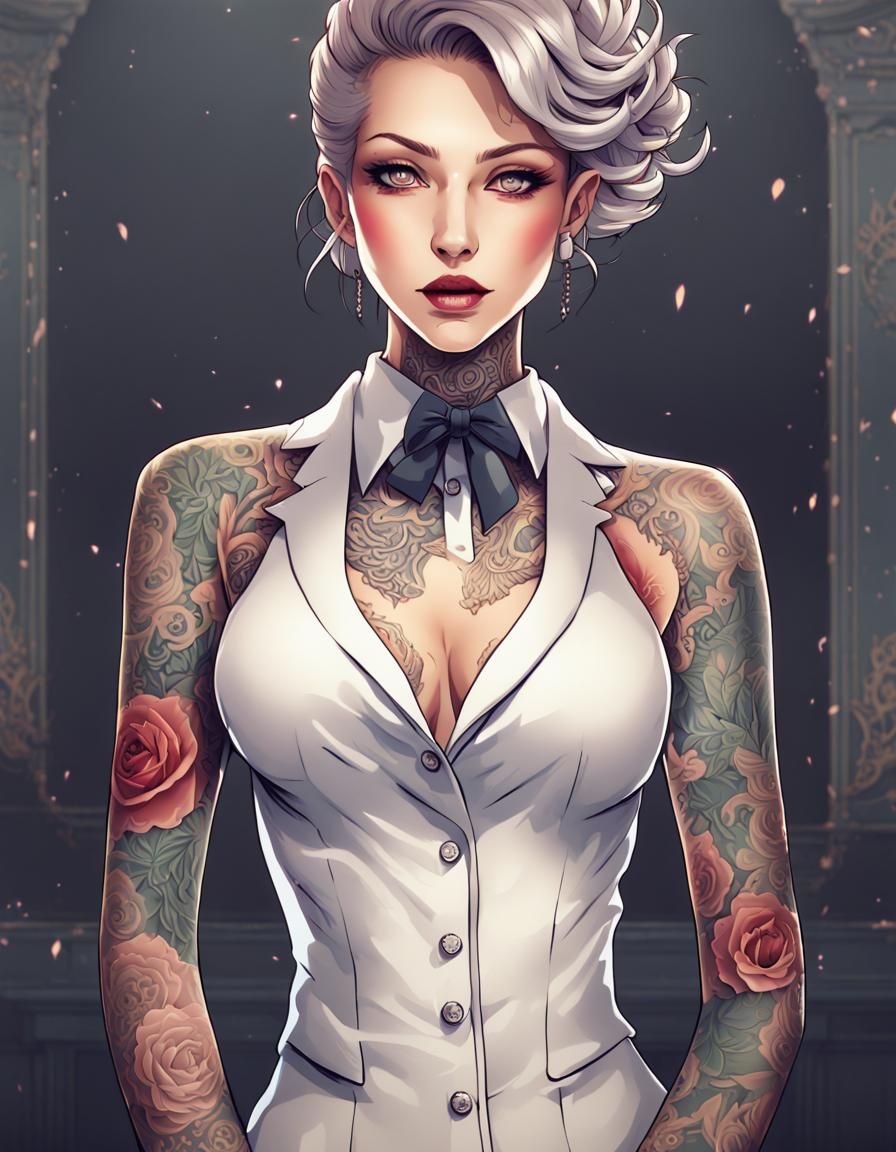 Tattooed Woman in Formal Wear: 8K HD Illustration
