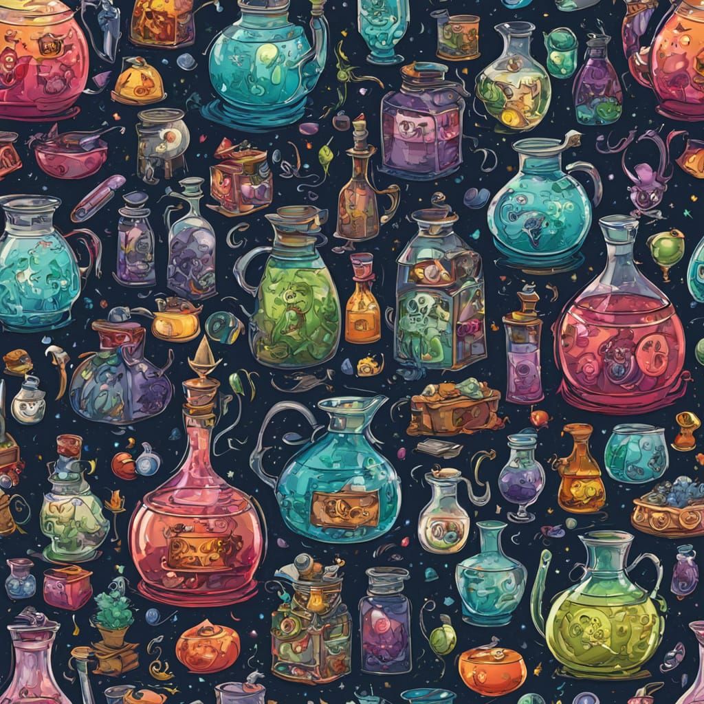 Whimsical Cartoon Party Scene with Mysterious Potions