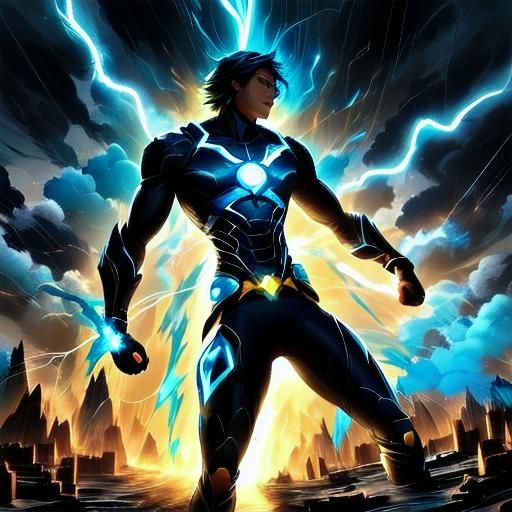 Electric Hero in Stormy Battle, Dynamic Digital Art