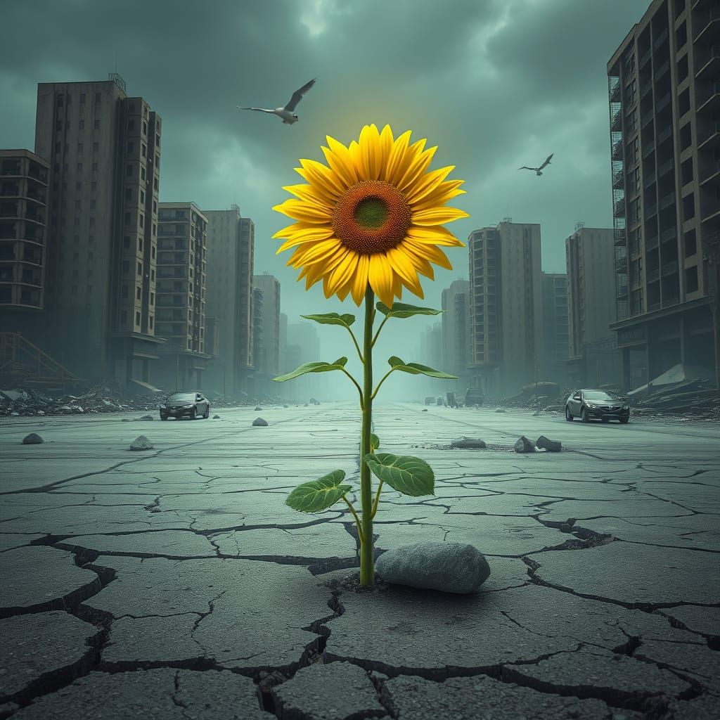 Sunflower Sprouts in Post-Apocalyptic Cityscape