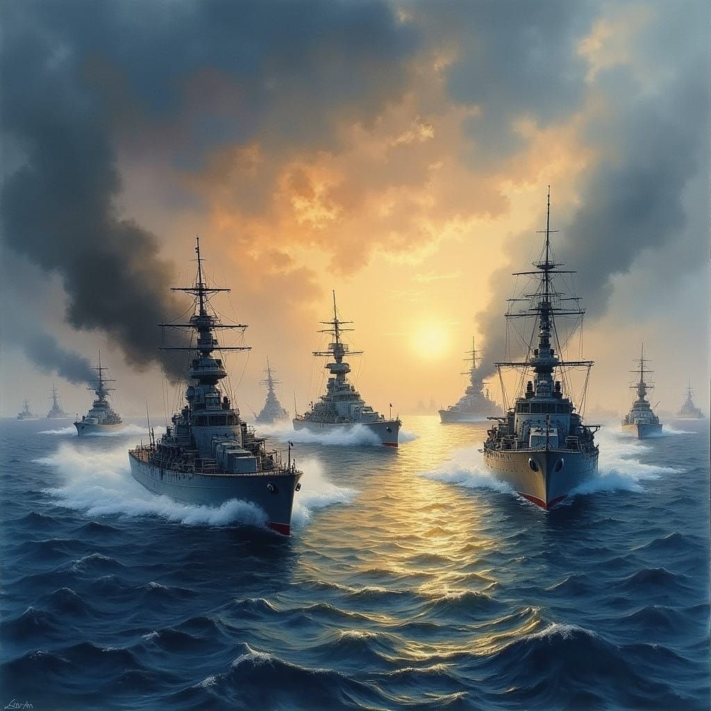 Vivid Watercolor Painting of a 20th-Century Sea Battle at Du...