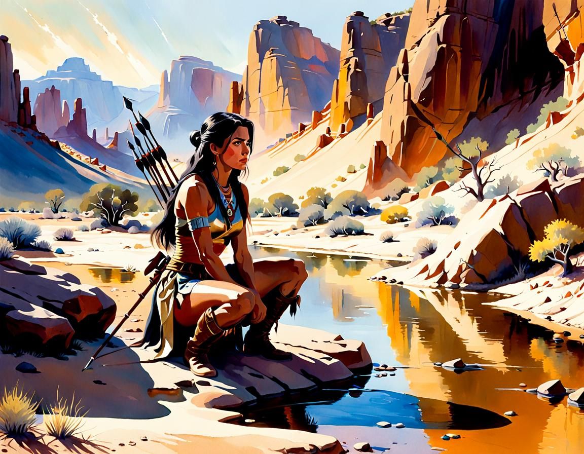 Apache Huntress at Desert Waterhole: Watercolor Art