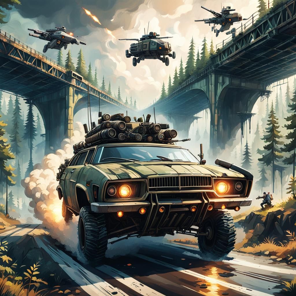 Post-Apocalyptic Car Jumps Ruined Bridge