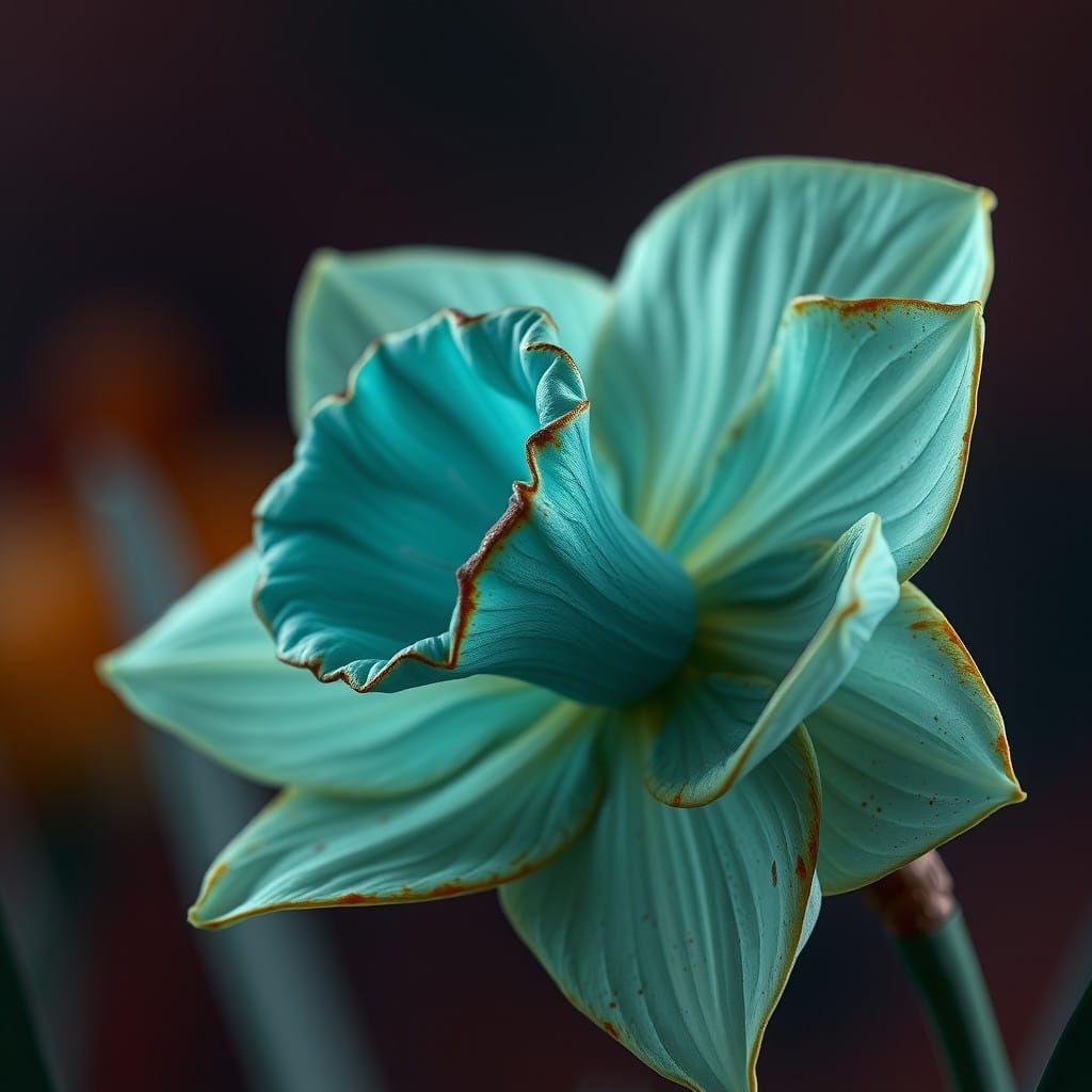 Surreal Teal Daffodil Blooms in Rich Fantasy Landscape
