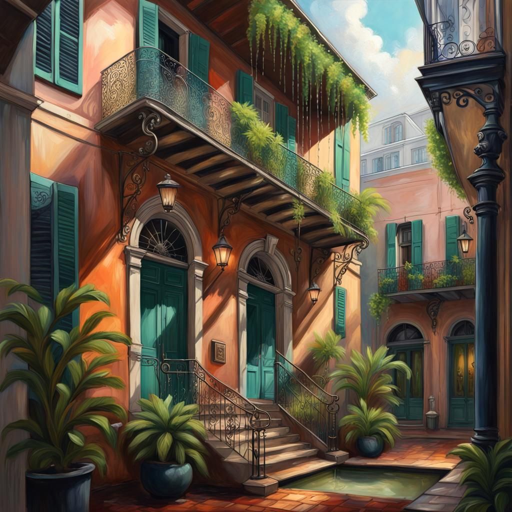 French Quarter Courtyard with Wrought-Iron and Fountain
