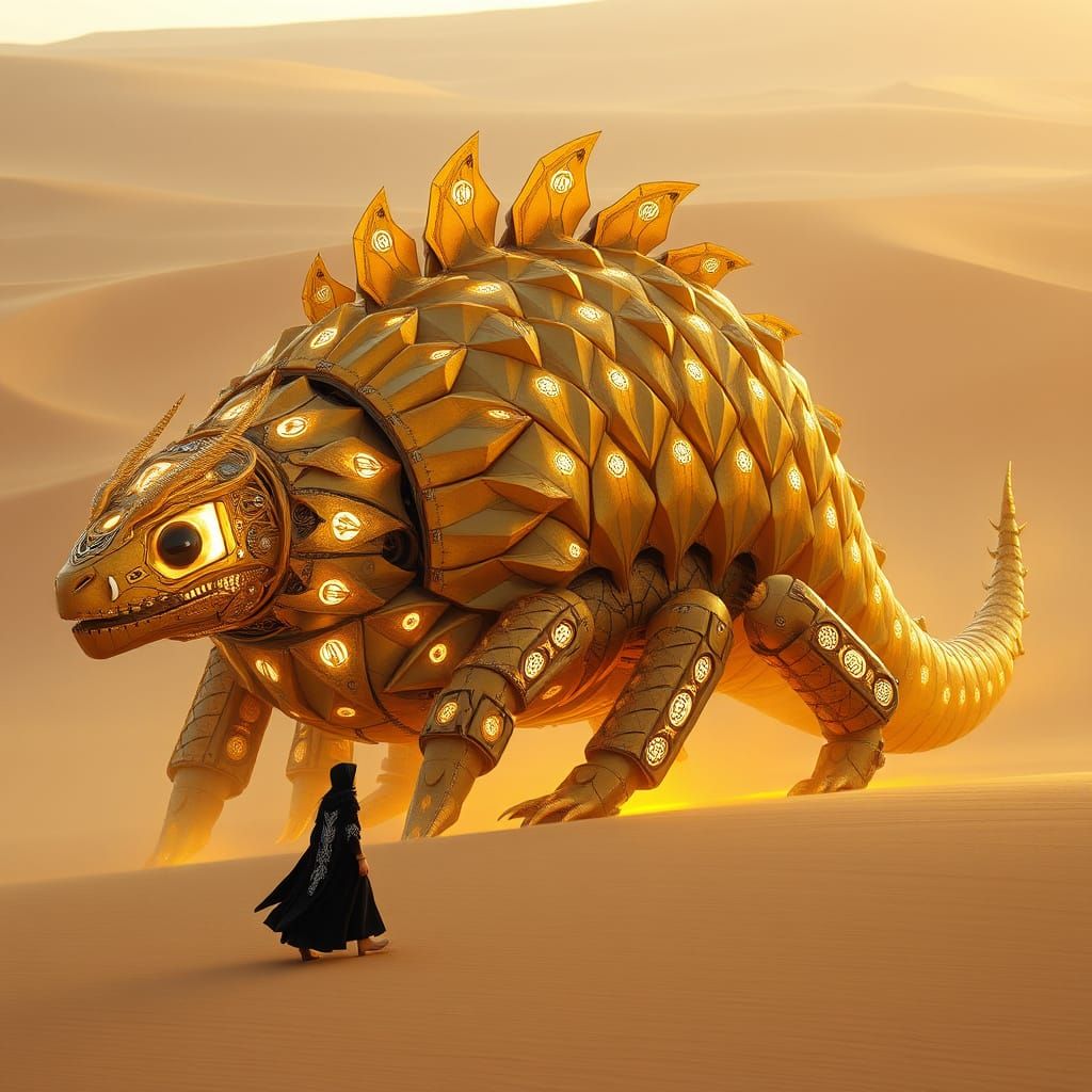 Golden Steampunk Dragon-Armadillo Vehicle in the Desert
