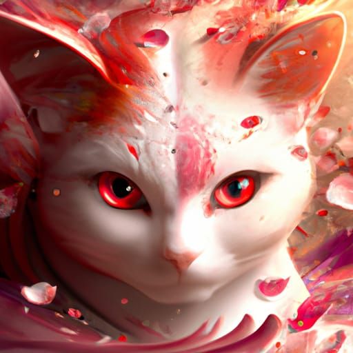 Intricate White Cat Portrait with Sakura Petals