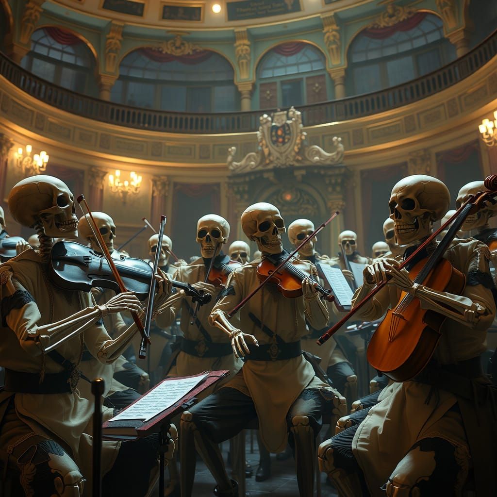 Skeletal Orchestra Performs Haunting Melody in an Eerie Conc...