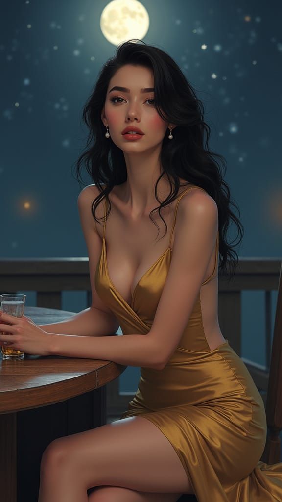 Glamorous Woman in Silk Gown Under Moonlight
