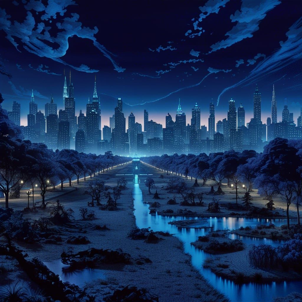 Savanna City Park at Night in Matte Painting Style