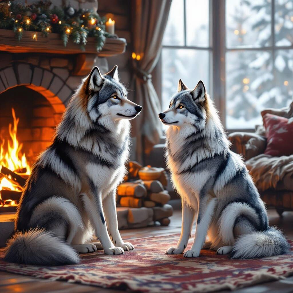 Majestic Wolves Meet By Fireplace in Painterly Style