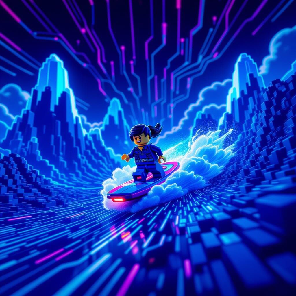 LEGO Figure Surfs Cloud Through Abstract Mountains in Film N...