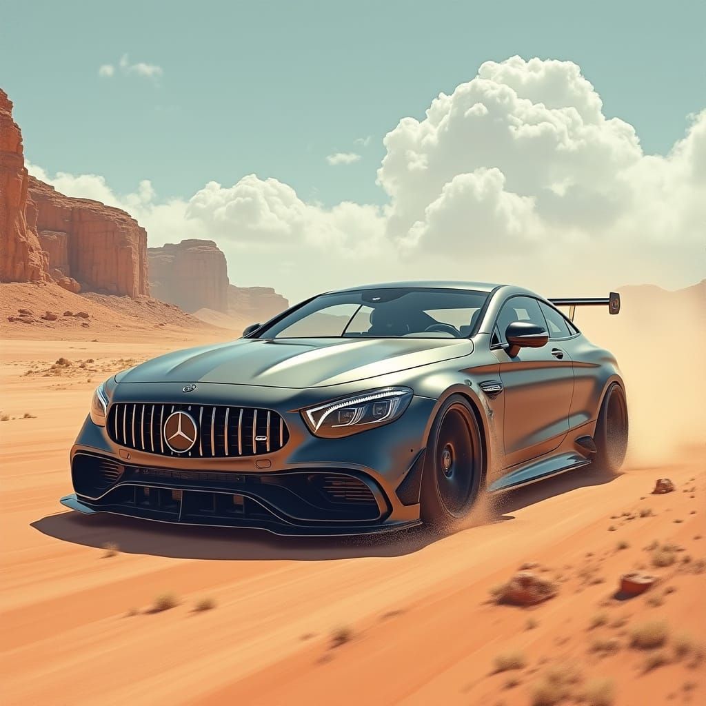 Sleek Mercedes Brabus GT S63 in Grey, Speeding Across Arid T...
