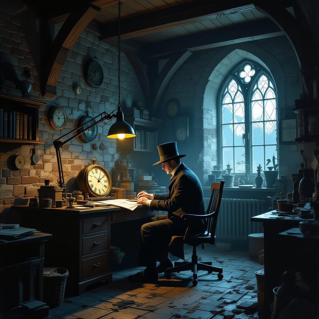 Sinister Horologist in His Workshop by Greg Rutkowski Style