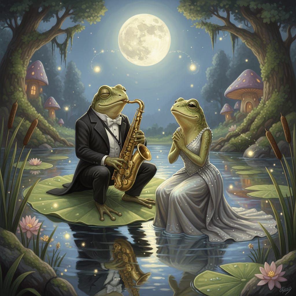Frog Musician Serenades His Love by Moonlight