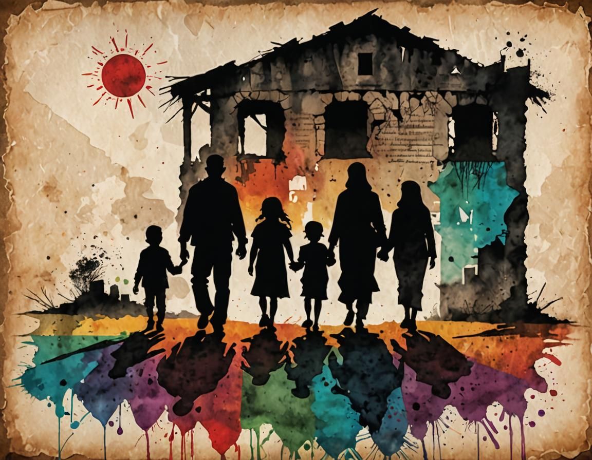 Palestinian Family Silhouette on Destroyed Home