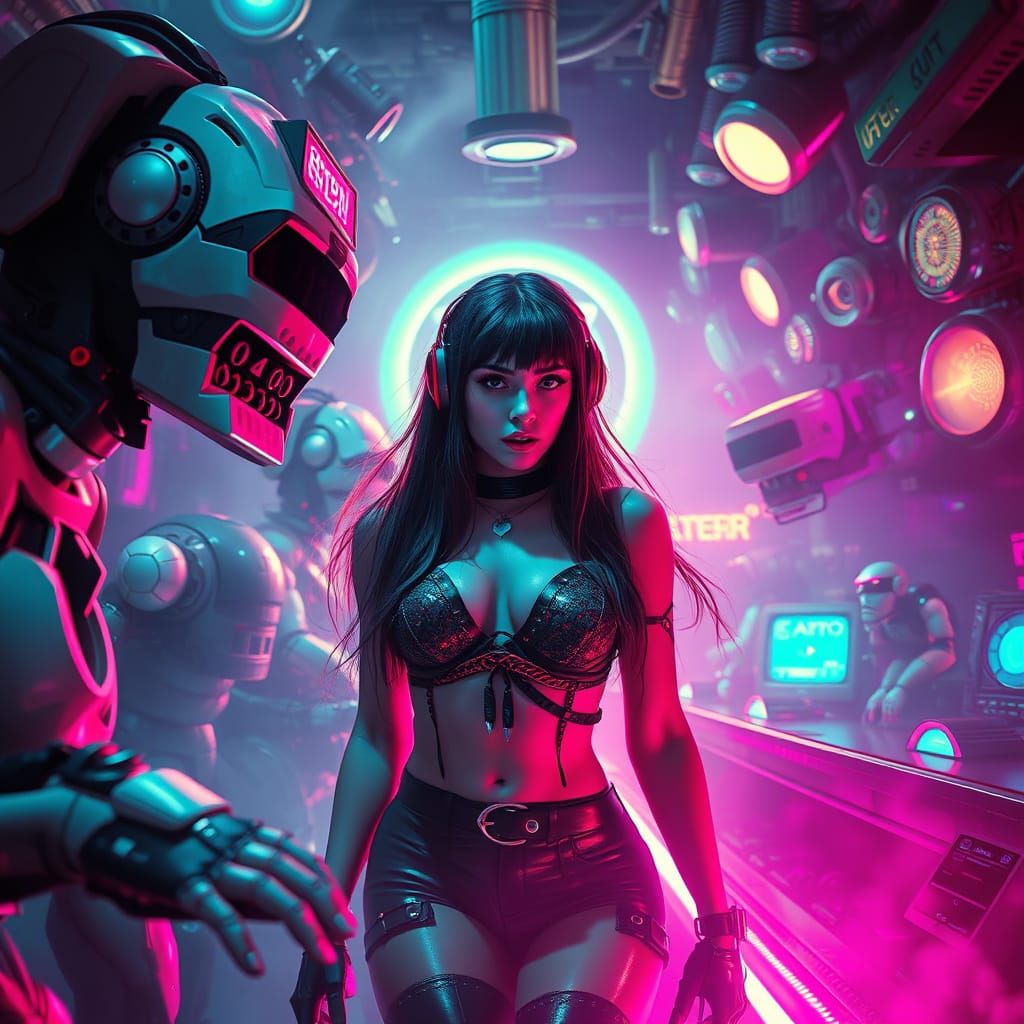 Cybergoth Woman at Rave with Robots