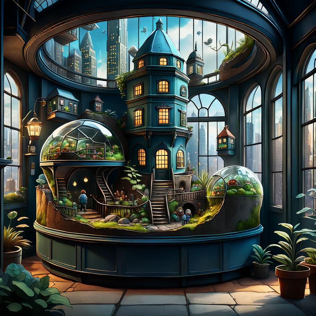 Terrarium City Watched by Rodents: Detailed Matte Painting