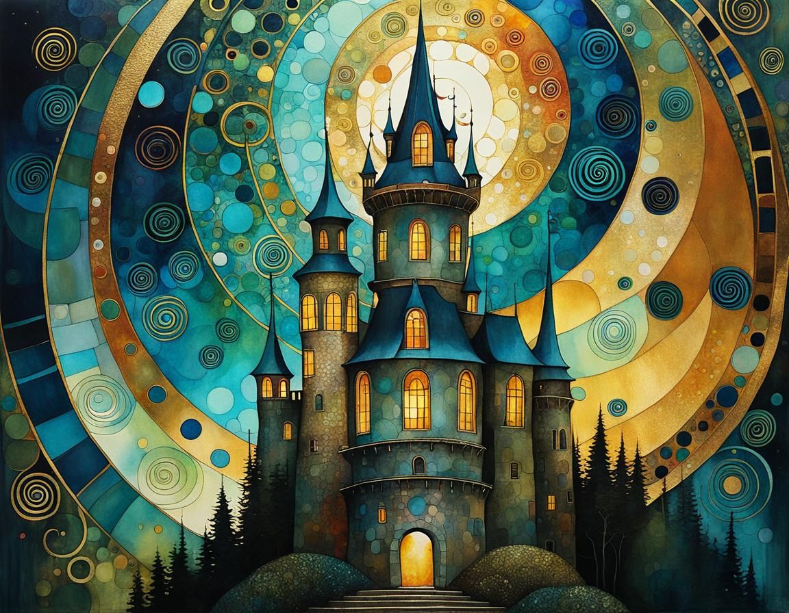 Klimt-Inspired Whimsical Castle Illustration