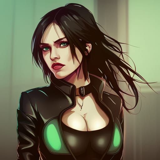 Cyberpunk Girl with Bright Eyes in Neon Cityscape