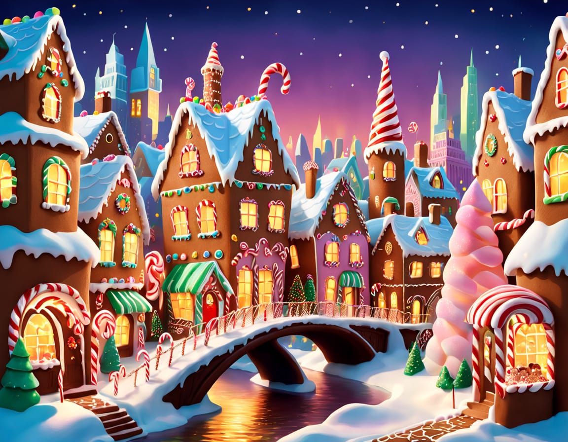 Whimsical Gingerbread City with Candy Cane Buildings